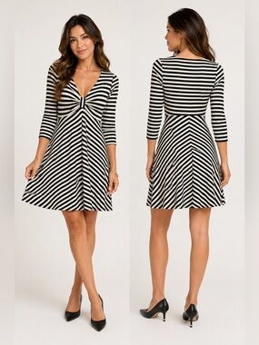 Kate Spade New York Black & Cream Striped Fit & Flare Dress Size Small